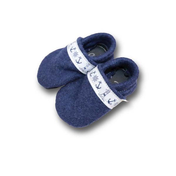 Walkloden-Puschen blau mit Webband Anker
